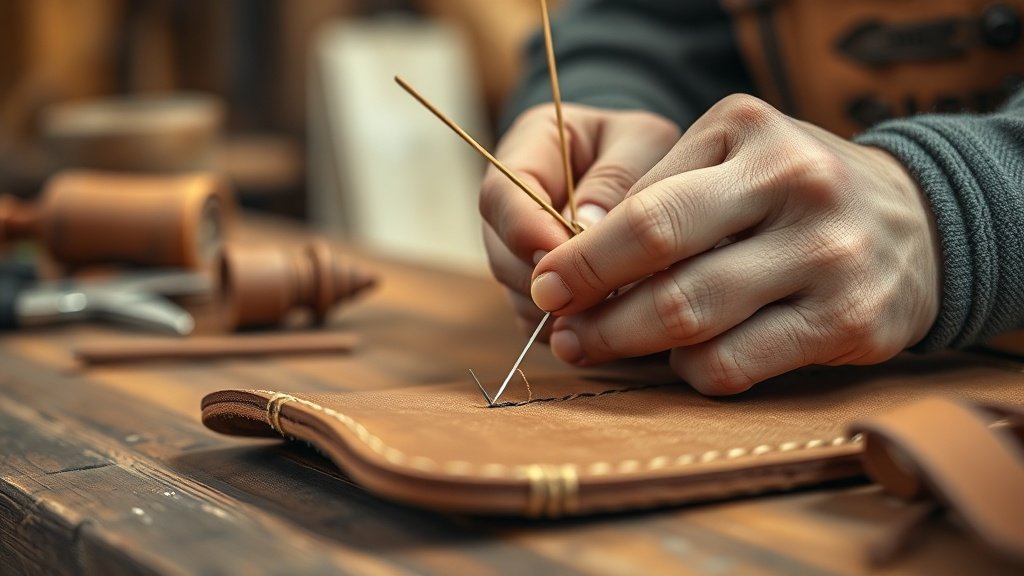 Artisan maroquinier cousant du cuir à la main