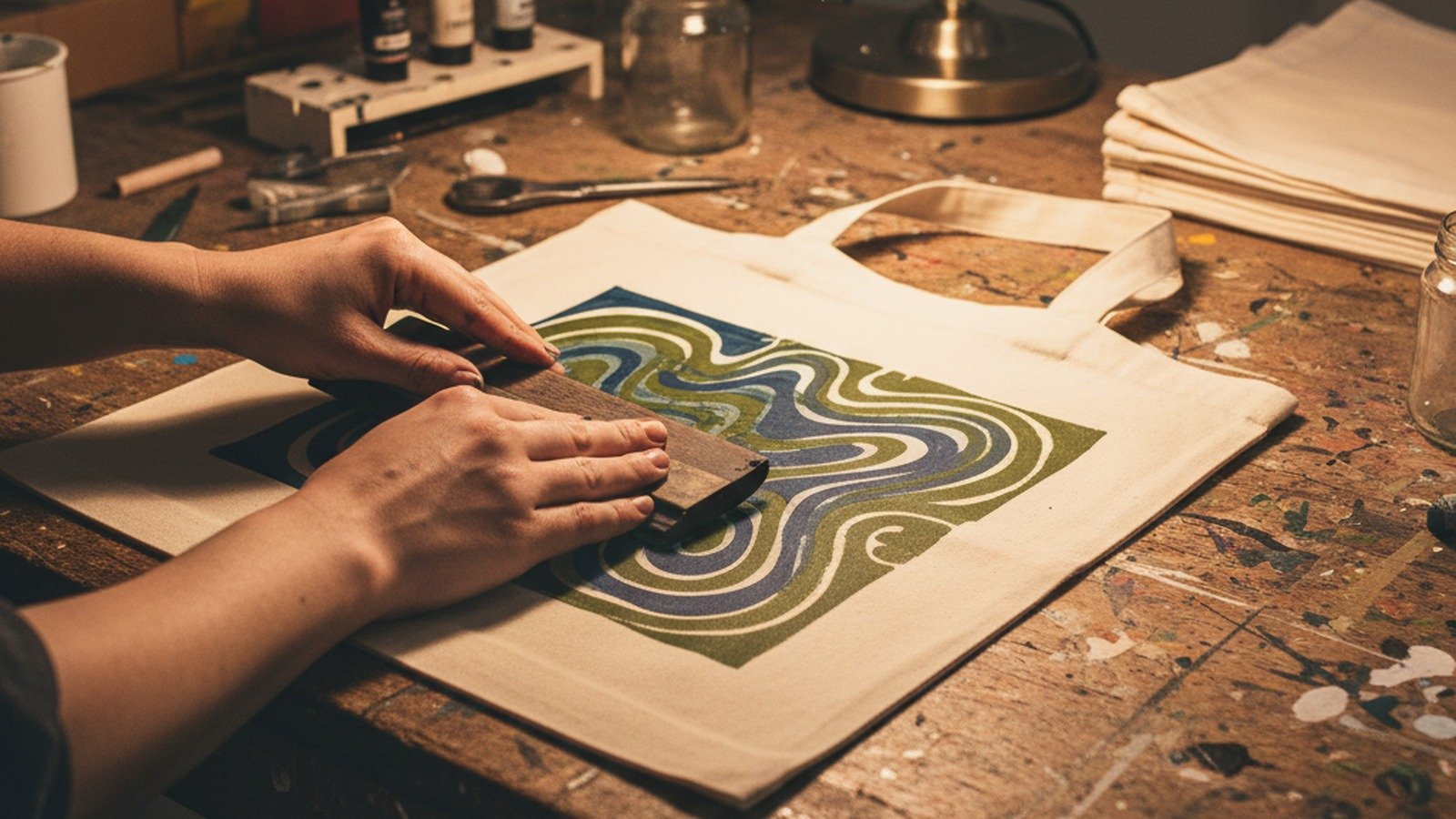Artisan sérigraphiant un tote bag personnalisé en atelier