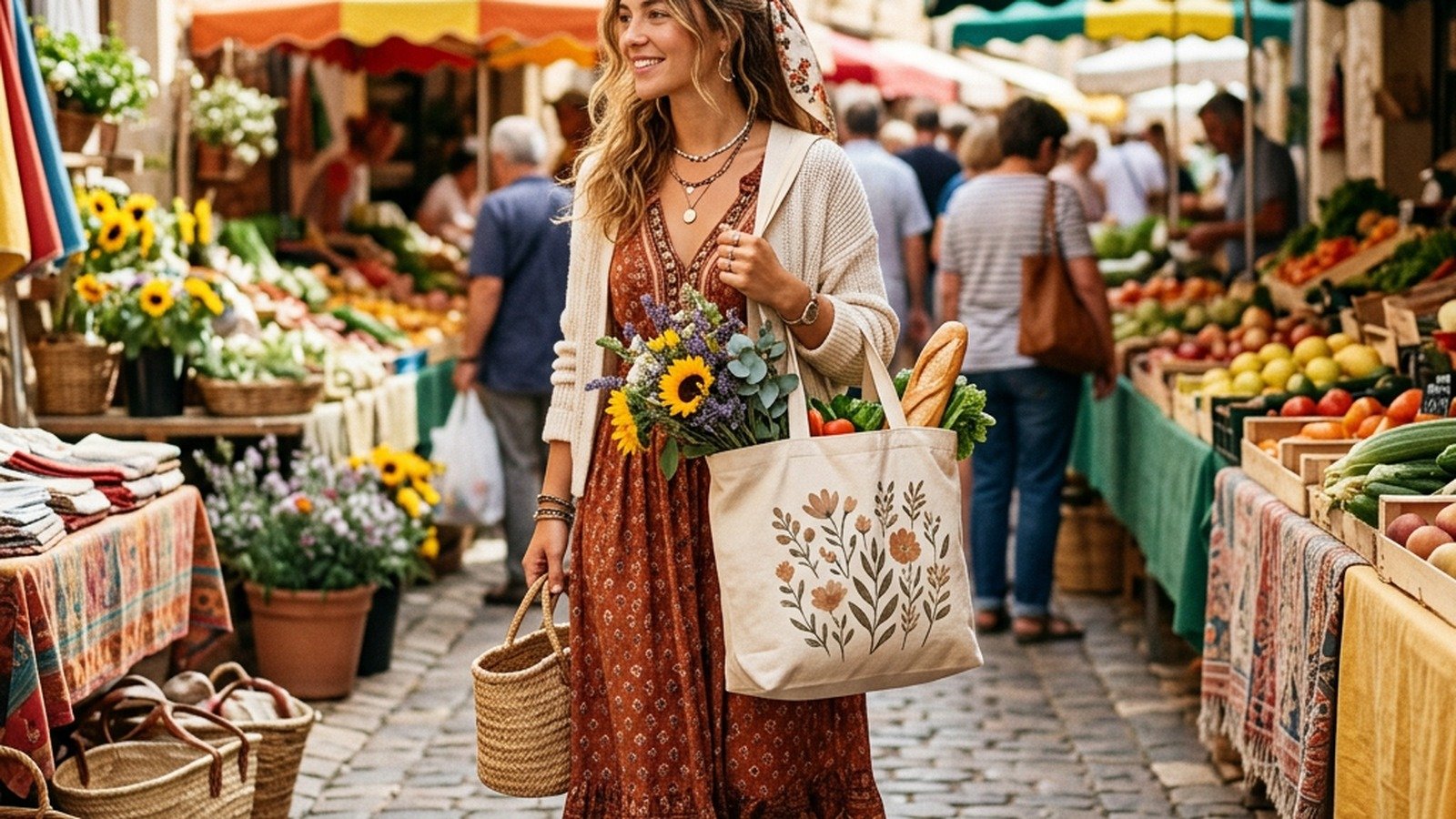 Femme portant un tote bag stylé au marché