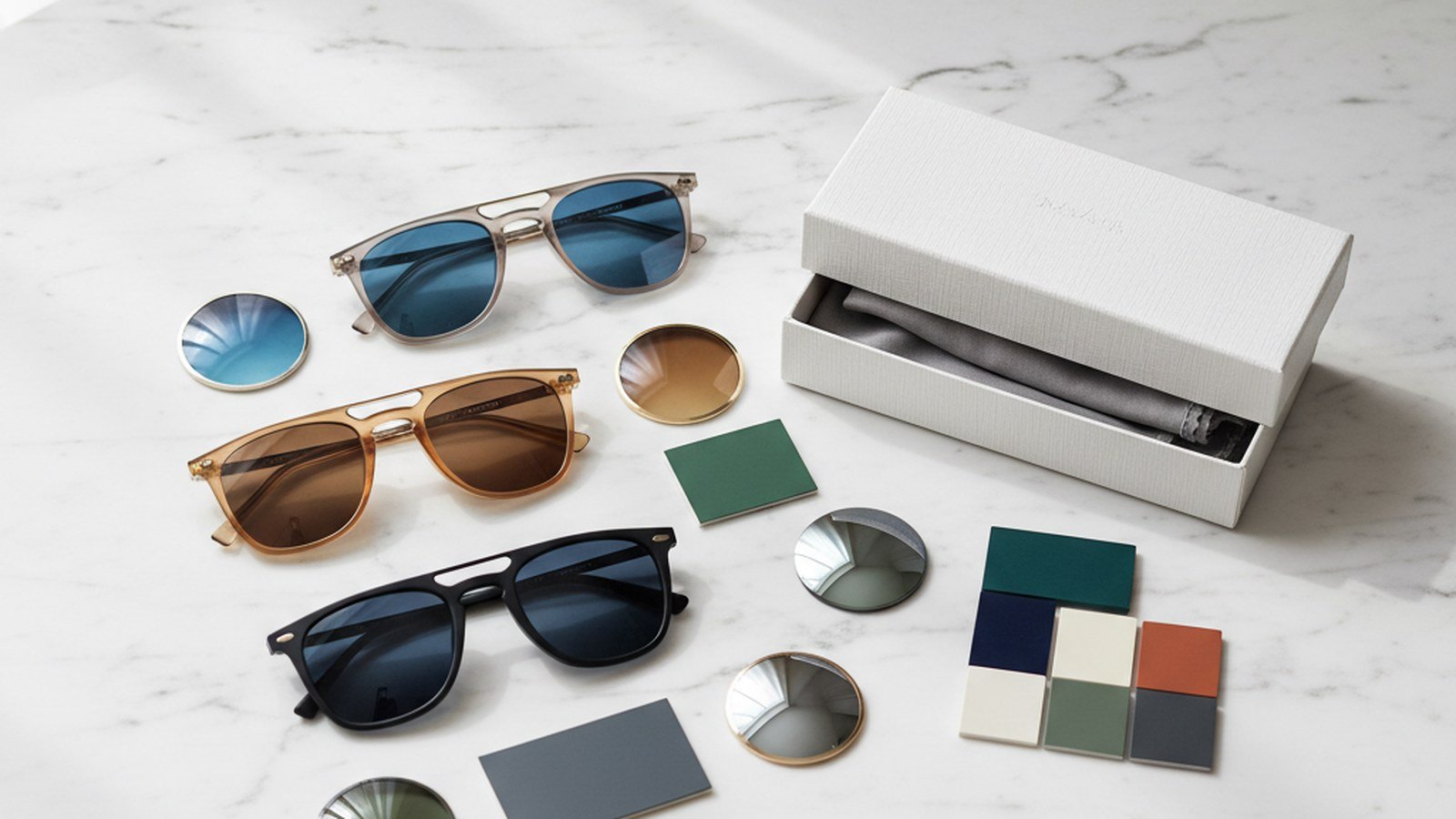 Marque de lunettes — flat lay de montures et matériaux